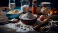 Baking background banner. bread preparation Ingredients variety for cooking dough on a dark rustic table. Top view, flat