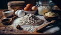 Baking background banner. bread preparation Ingredients variety for cooking dough on a dark rustic table. Top view, flat