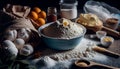 Baking background banner. bread preparation Ingredients variety for cooking dough on a dark rustic table. Top view, flat