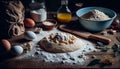 Baking background banner. bread preparation Ingredients variety for cooking dough on a dark rustic table. Top view, flat