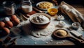 Baking background banner. bread preparation Ingredients variety for cooking dough on a dark rustic table. Top view, flat