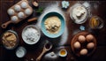 Baking background banner. bread preparation Ingredients variety for cooking dough on a dark rustic table. Top view, flat