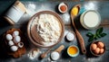 Baking background banner. bread preparation Ingredients variety for cooking dough on a dark rustic table. Top view, flat
