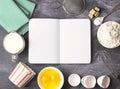 Baking background with blank book, eggs, flour, milk. Free space Royalty Free Stock Photo