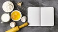 Baking background with blank book, eggs, flour, milk. Free space Royalty Free Stock Photo