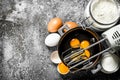 Baking background. Blend eggs with a mixer to make a dough. Royalty Free Stock Photo