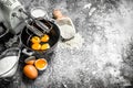 Baking background. Blend eggs with a mixer to make a dough. Royalty Free Stock Photo