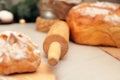 Baking background with cutting board, bread, flour, rolling pin Royalty Free Stock Photo