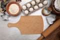 Baking background with cutting board, egg, bread, flour, rolling pin Royalty Free Stock Photo