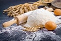 Baking background with eggshell, flour and rolling pin. Pizza co Royalty Free Stock Photo