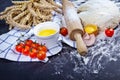 Baking background with eggshell, flour and rolling pin. Pizza co Royalty Free Stock Photo