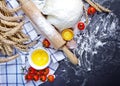 Baking background with eggshell, flour and rolling pin. Pizza co Royalty Free Stock Photo