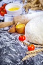 Baking background with eggshell, flour and rolling pin. Pizza co Royalty Free Stock Photo