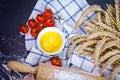 Baking background with eggshell, flour and rolling pin. Pizza co Royalty Free Stock Photo