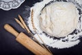 Baking background with flour, rolling pin and grain ears on black chalkboard