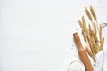 Baking background with flour, wheat ears and rolling pinon concrete background. Top view with copy space Royalty Free Stock Photo