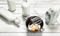 Baking background. Fresh eggs with a mixer. Royalty Free Stock Photo