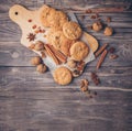 Baking background. Baking ingredients: flour, eggs, sugar, butter, milk and spices on rustic old table. Top view Royalty Free Stock Photo