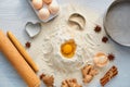 Baking background. Raw igredients for cake eggs, spices, flour and bakery supplies. Kitchen table Royalty Free Stock Photo