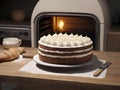 Baking Bliss. A Scrumptious Cake Straight from the Oven, Resting on a Wooden Table