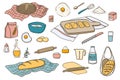 Baking bread at home, bakery cartoon doodles illustration. Hand drawn food, ingredients and dishes