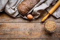 Baking bread ingredients on wooden table background top view mockup Royalty Free Stock Photo