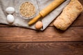 Baking bread ingredients on wooden table background top view mockup Royalty Free Stock Photo