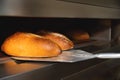 Baking bread in a shovel in a bakery. The baker takes out fresh hot bread from the baking oven Royalty Free Stock Photo