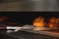 Baking bread in a shovel in a bakery. The baker takes out fresh hot bread from the baking oven Royalty Free Stock Photo