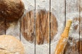 Baking bread, wooden table covered with flour Royalty Free Stock Photo