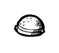 Baking buns and meat dishes. Hand drawing outline. Isolated on white background. Monochrome drawing. Vector