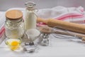 Baking cake . Dough recipe ingredients and rolling pin