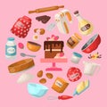 Baking cartoon tools and food seamless pattern. Kitchen utensils. Baking ingredients sugar, vanilla, flour, oil, butter