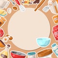 Baking cartoon tools round pattern. Kitchen utensils. Baking ingredients set sugar, vanilla, flour, oil, butter, baking Royalty Free Stock Photo