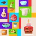 Baking cartoon tools round pattern. Kitchen utensils. Baking ingredients set sugar, vanilla, flour, oil, butter, baking