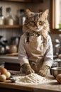 Baking Cat in Apron Making Dough in Rustic Kitchen Royalty Free Stock Photo
