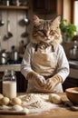 Baking Cat in Apron Making Dough in Rustic Kitchen Royalty Free Stock Photo