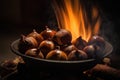 Baking Chestnuts, Autumn Edible Chestnuts in Fire, Roasted Chestnut, Abstract Generative Ai Illustration