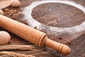 Baking chocolate cake in rural or rustic kitchen. Dough recipe ingredients on vintage wood table Royalty Free Stock Photo