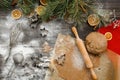 Baking Christmas cookies in kitchen, top view. Christmas atmosphere background.