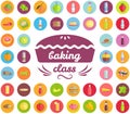 Baking class emblem design with hand drawn pie. Bakery school badge surrounded by food symbols