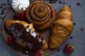 Baking composition on a plate with strawberries, view from above