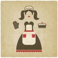 Baking concept illustration. girl with pie old background