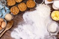 Baking cookies, recipe, ingredients, background copy space in floue Royalty Free Stock Photo