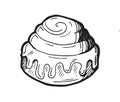 Baking cupcake pie with drips of cream. White sweet bread pastries. Ready dish. Food delicious. Hand drawing outline