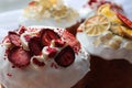 baking decoration. Easter cake. dried strawberries, raspberries and citrus fruits on white chocolate. tasty and beautiful