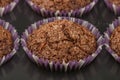 Baking delicious chocolate muffins with banana and sugar crust Royalty Free Stock Photo