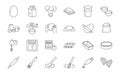 Baking doodle illustration including icons - mixer, glass, preheat oven, form, butter, egg, milk, rolling pin, whisk