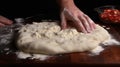 Baking, eating at home, healthy food and lifestyle concept. Senior baker man cooking, kneading fresh dough with hands