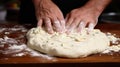 Baking, eating at home, healthy food and lifestyle concept. Senior baker man cooking, kneading fresh dough with hands